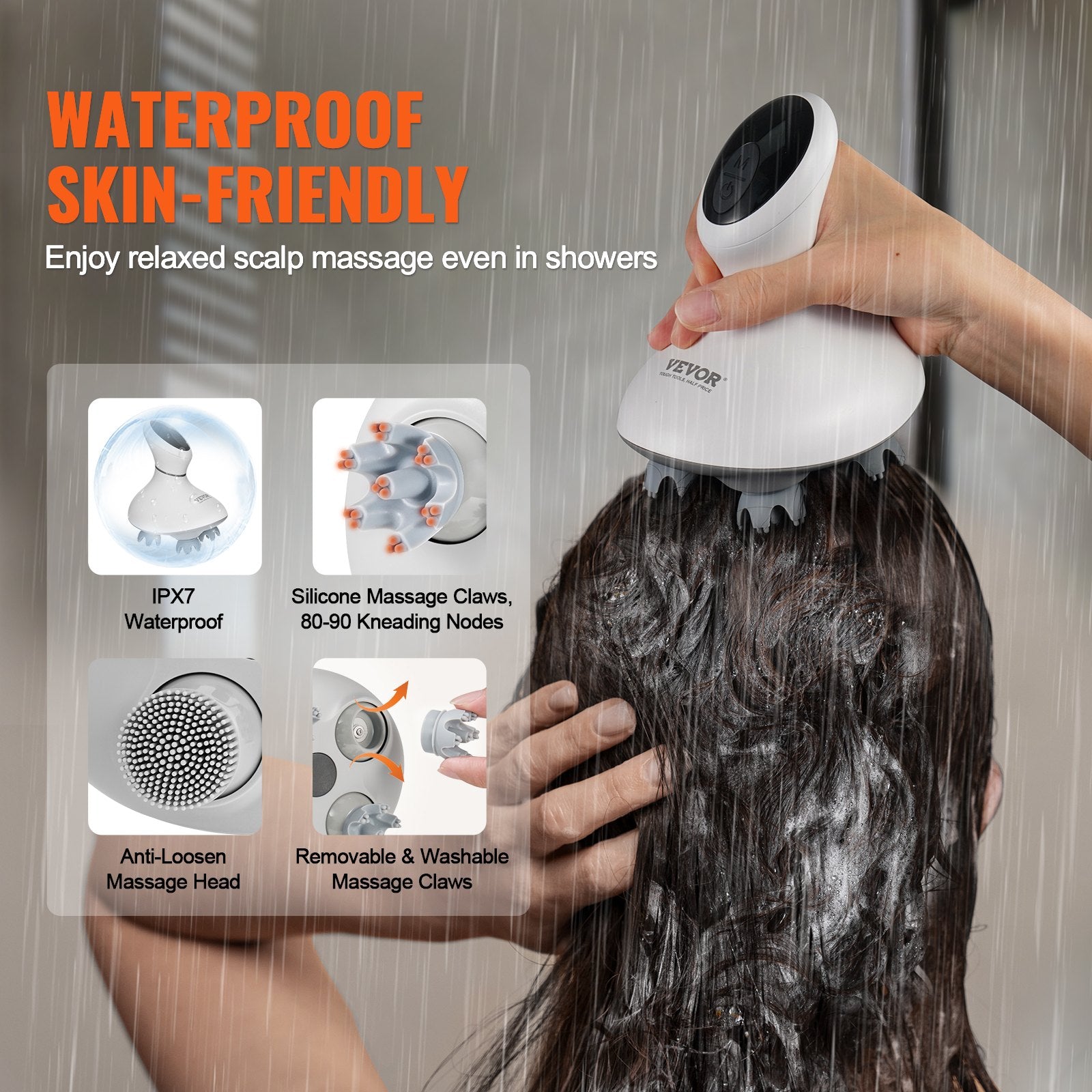 Waterproof electric scalp massager with soft silicone nodes